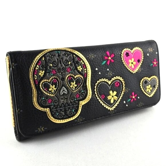 Loungefly Sugar Skull Day of the Dead Trifold Faux Leather Wallet Gold Interior - Picture 16 of 16